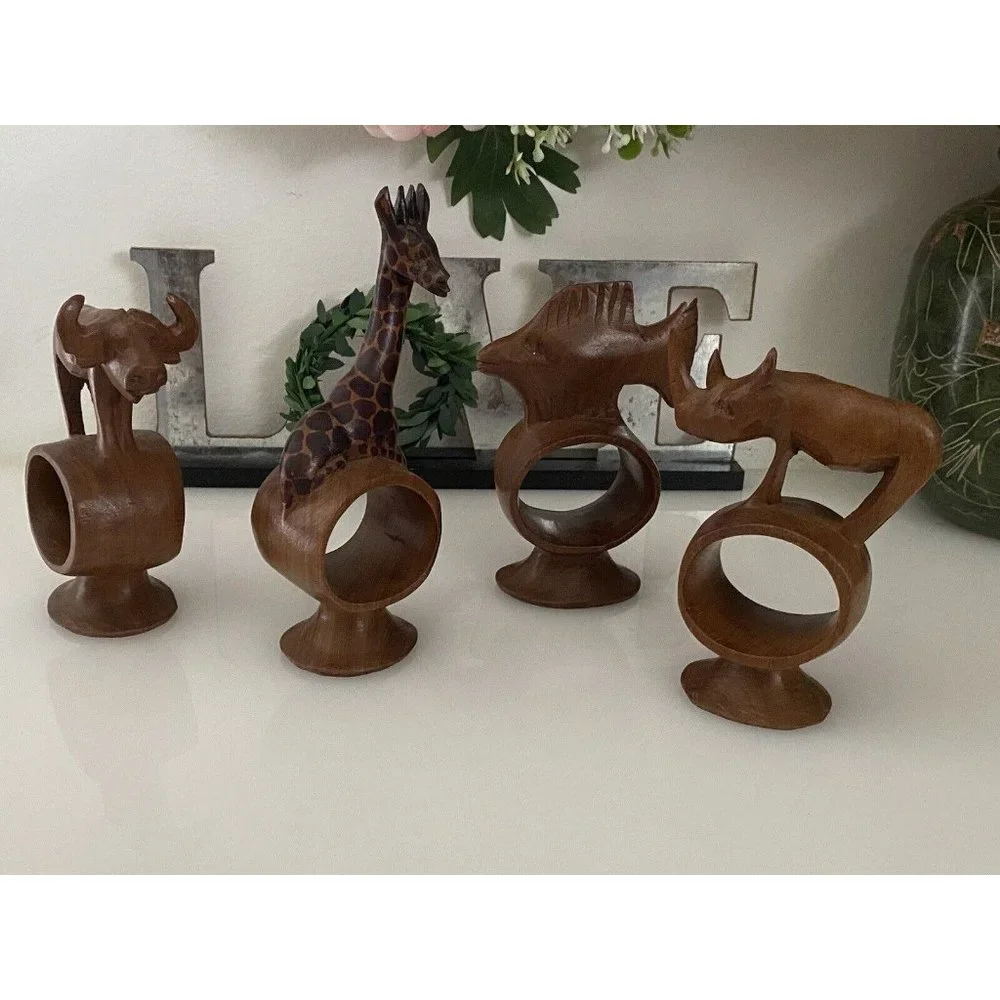 Set of 4 Hand Carved Napkin Rings African Safari Jungle Animal Teak Wood Vintage